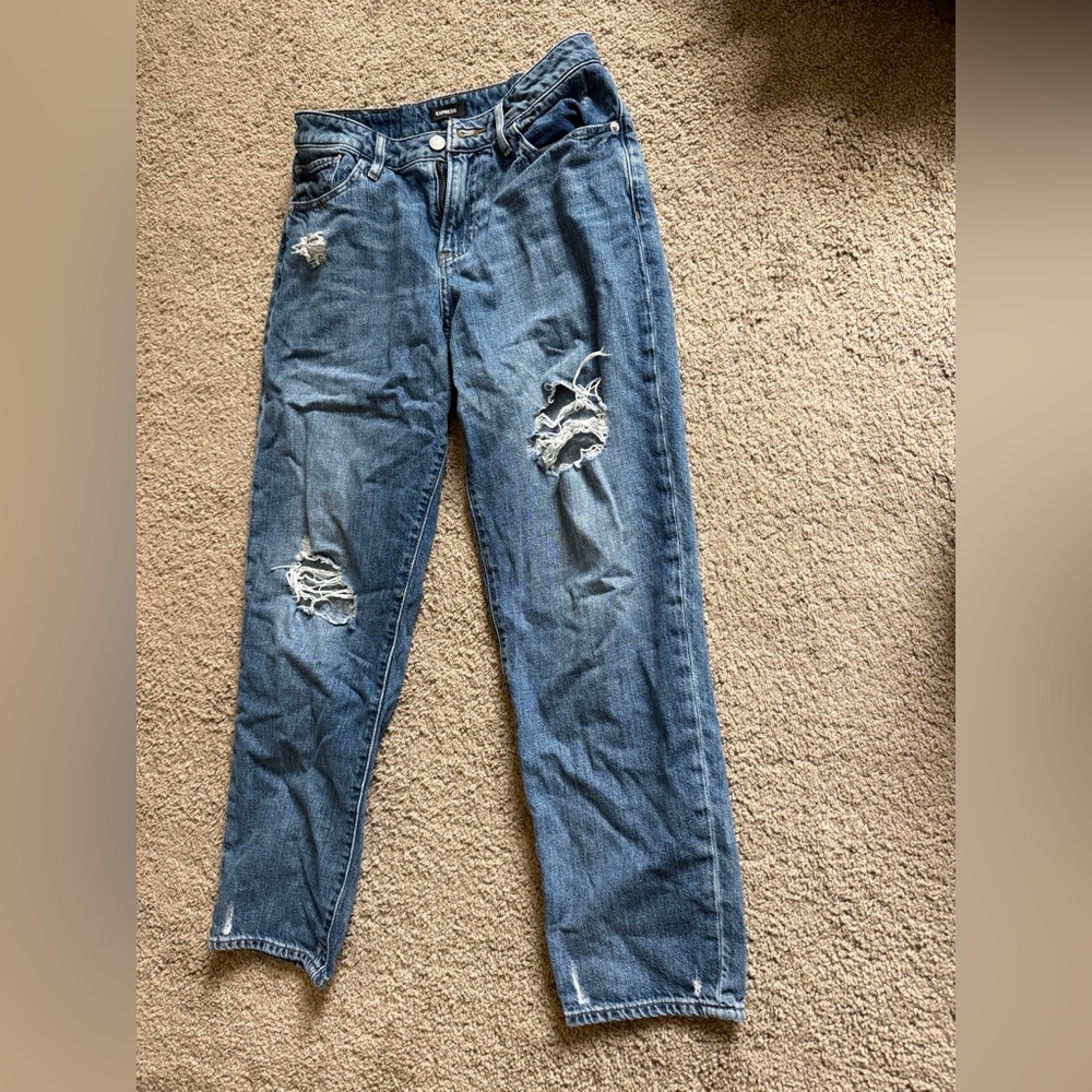 Express Blue Mid Rise Boyfriend Jeans with Distressed Details